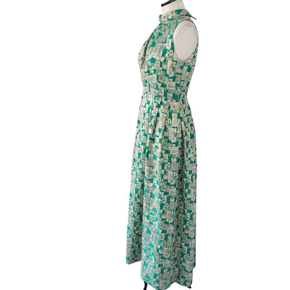 Vintage Womens Dress Size Small Green Geometric Print Maxi Casual Pleated - Picture 13 of 16